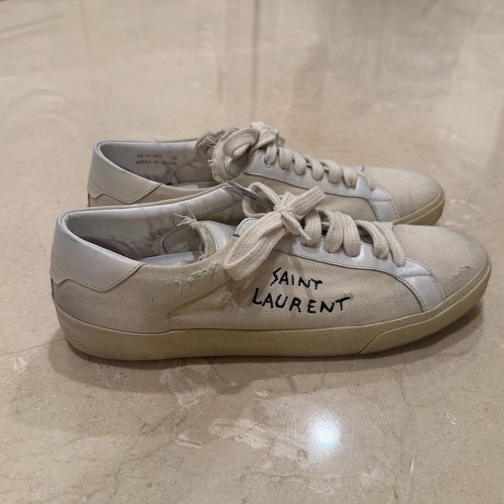 Saint Laurent Andy Shoe Distressed Canvas Classic Court Sneakers SZ 9, Off White